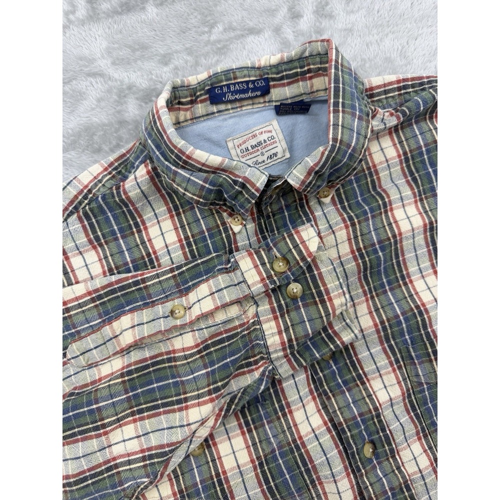 GH Bass & Co Long Sleeve Green Plaid Flannel Shirt Button Men's Size L